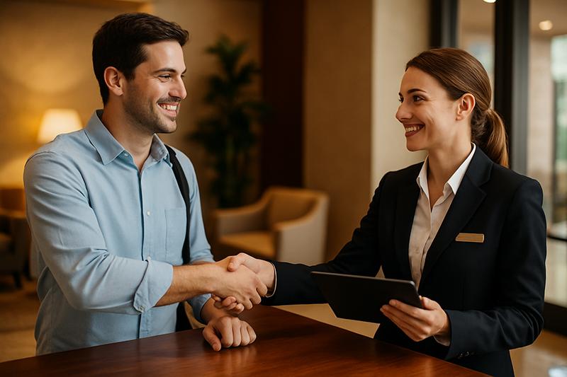 Hotel staff member shaking hands with a guest.